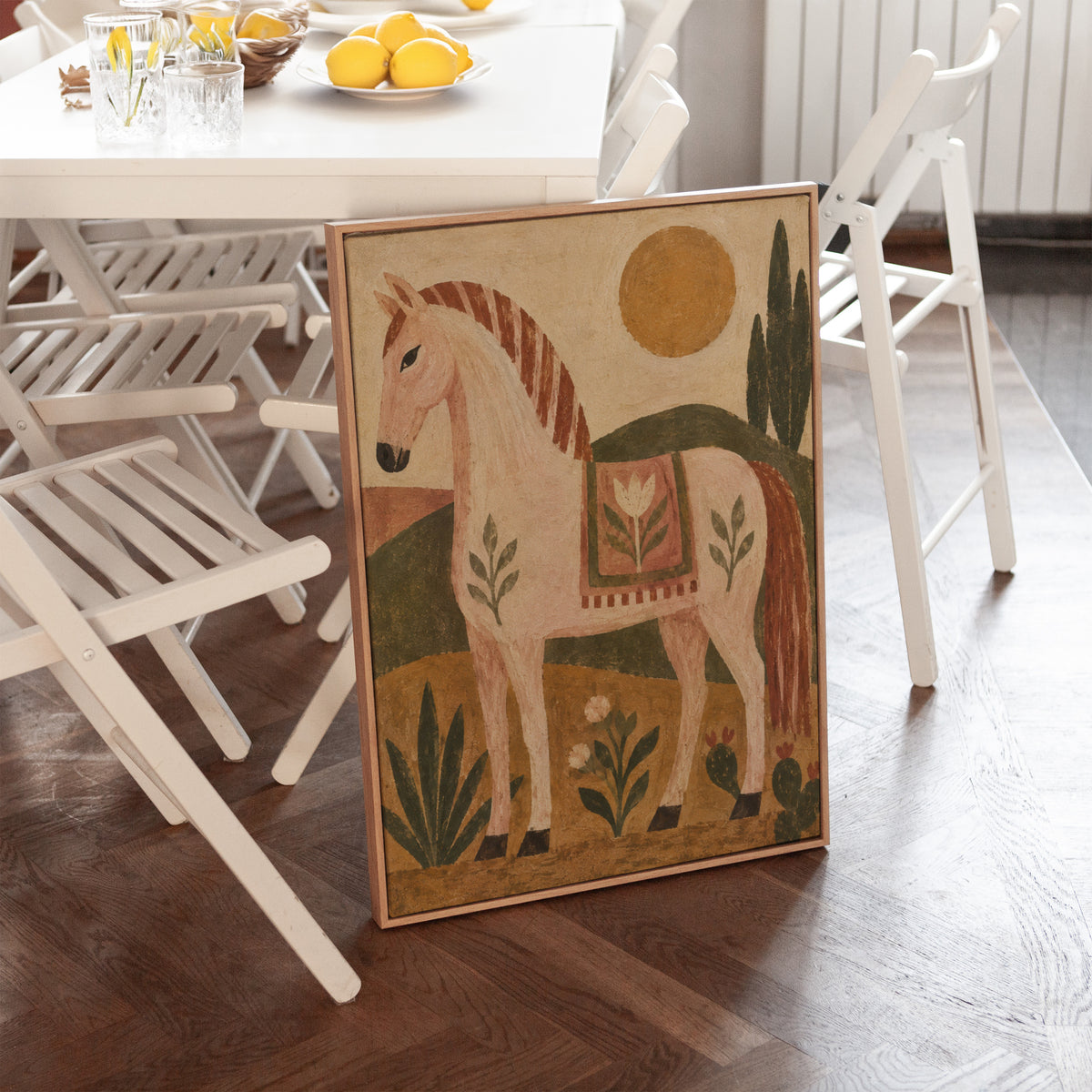 Naive folk pink horse in profile with a patterned saddle blanket, canvas art print