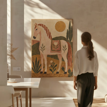 Pink horse canvas wall art showing naive folk pink horse in profile with a patterned saddle blanket