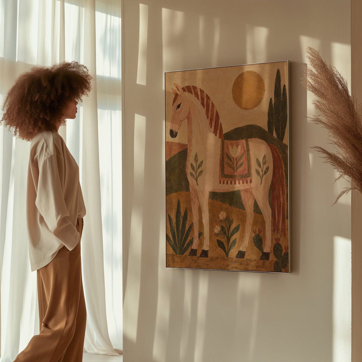 Folk art canvas wall art showing naive folk pink horse in profile with a patterned saddle blanket