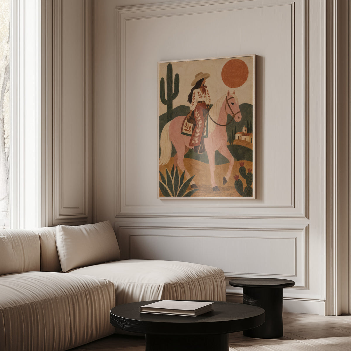Cowgirl riding a pale rose horse past cacti under a red desert sun, canvas art print