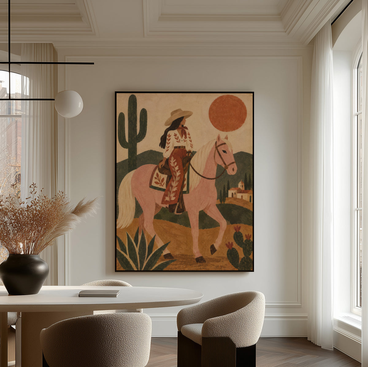 Sun canvas wall art showing cowgirl riding a pale rose horse past cacti under a red desert sun