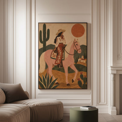 Western cowgirl canvas wall art showing cowgirl riding a pale rose horse past cacti under a red desert sun