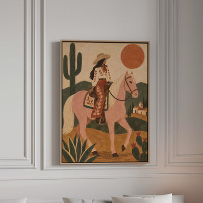 Cowgirl riding a pale rose horse past cacti under a red desert sun, canvas wall art