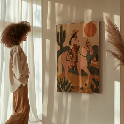 Cowgirl riding a pale rose horse past cacti under a red desert sun, wall art print