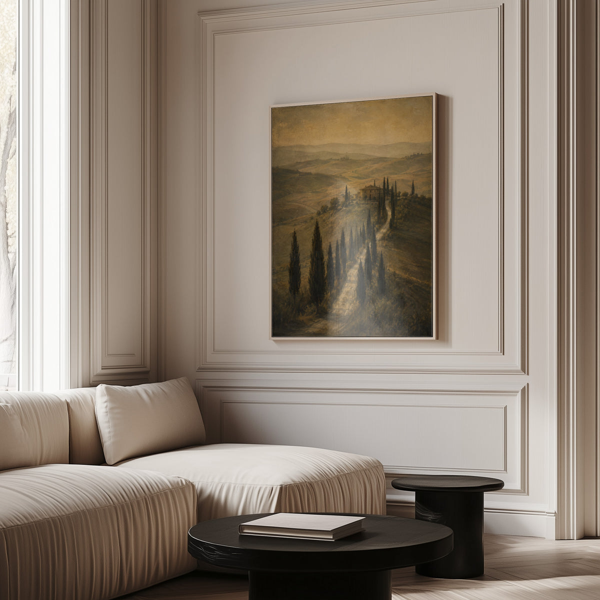 Countryside canvas wall art showing cypress avenue climbing to a Tuscan farmhouse in sepia haze