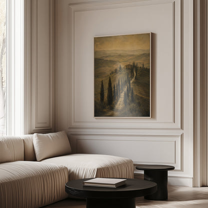 Countryside canvas wall art showing cypress avenue climbing to a Tuscan farmhouse in sepia haze