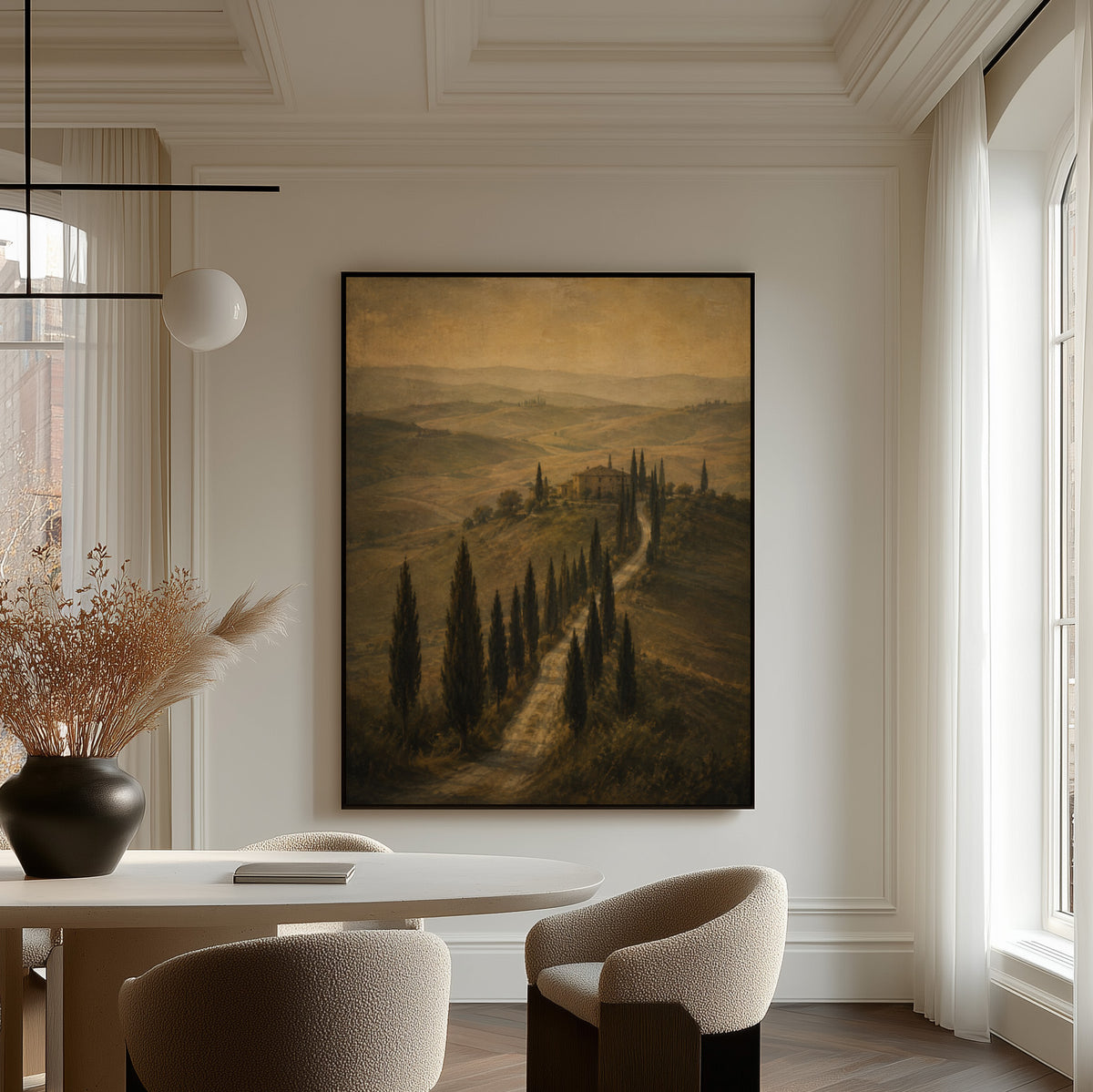 Cypress avenue climbing to a Tuscan farmhouse in sepia haze, wall art print