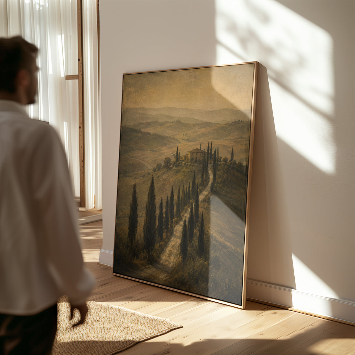 Vintage landscape canvas wall art showing cypress avenue climbing to a Tuscan farmhouse in sepia haze