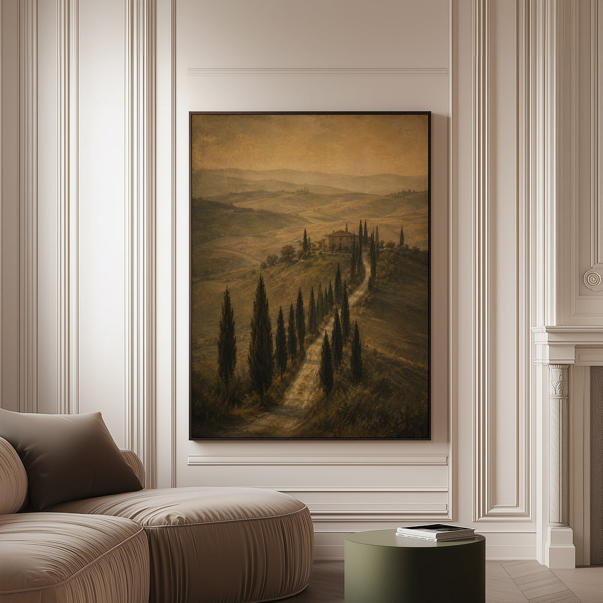 Travel canvas wall art showing cypress avenue climbing to a Tuscan farmhouse in sepia haze
