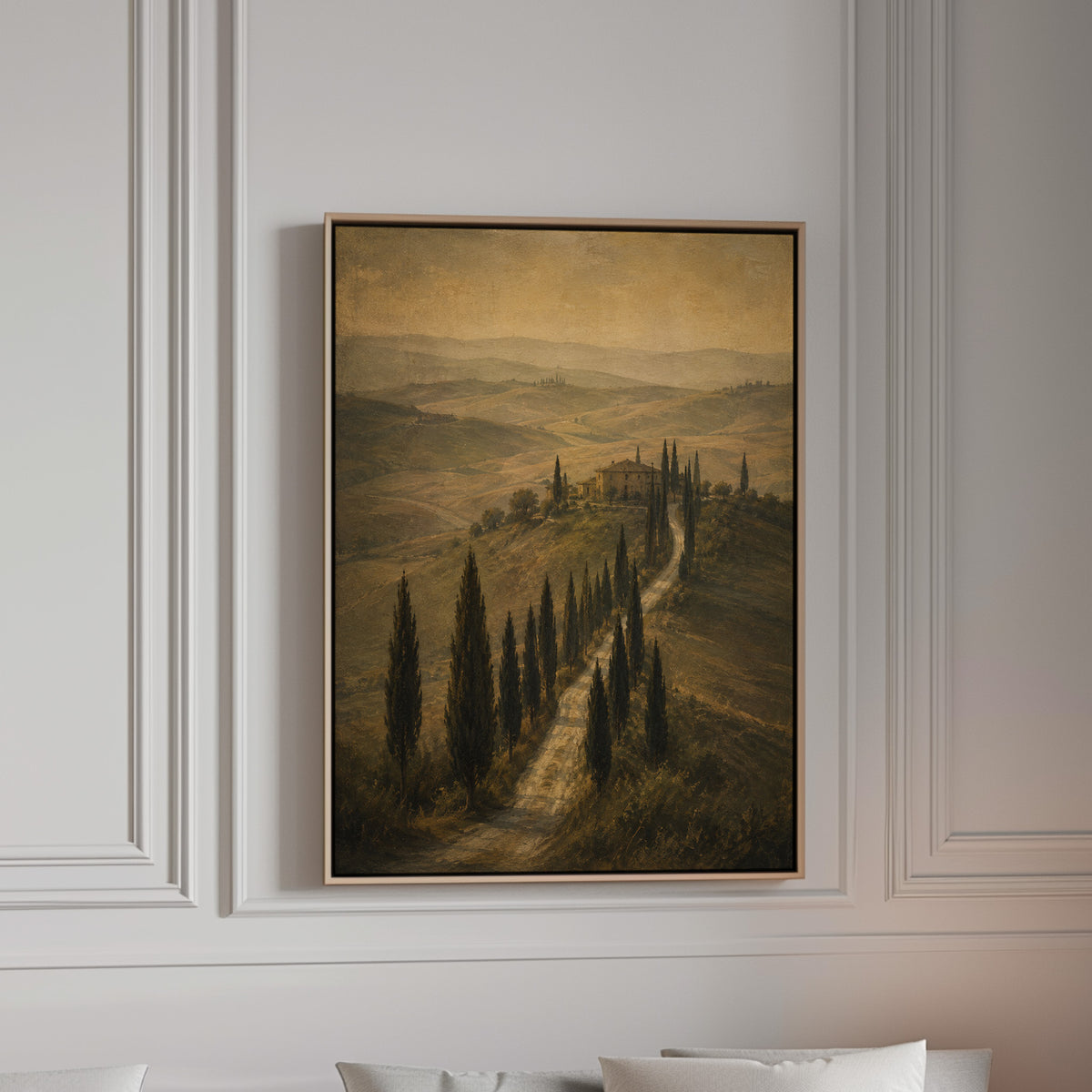Cypress avenue climbing to a Tuscan farmhouse in sepia haze, canvas wall art