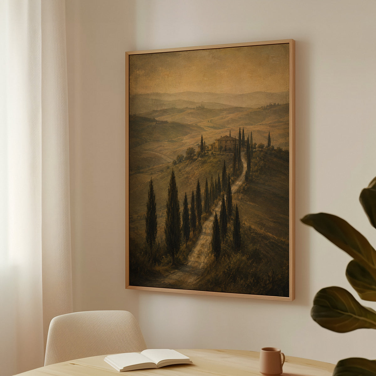 Sepia canvas wall art showing cypress avenue climbing to a Tuscan farmhouse in sepia haze