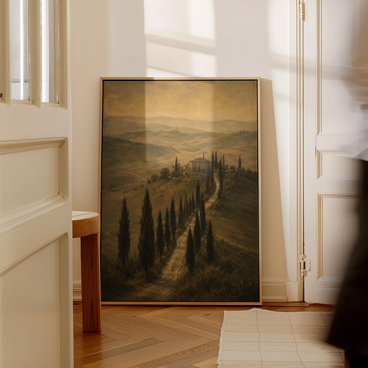 Cypress avenue climbing to a Tuscan farmhouse in sepia haze, canvas print