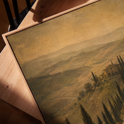 Cypress avenue climbing to a Tuscan farmhouse in sepia haze, vertical canvas print