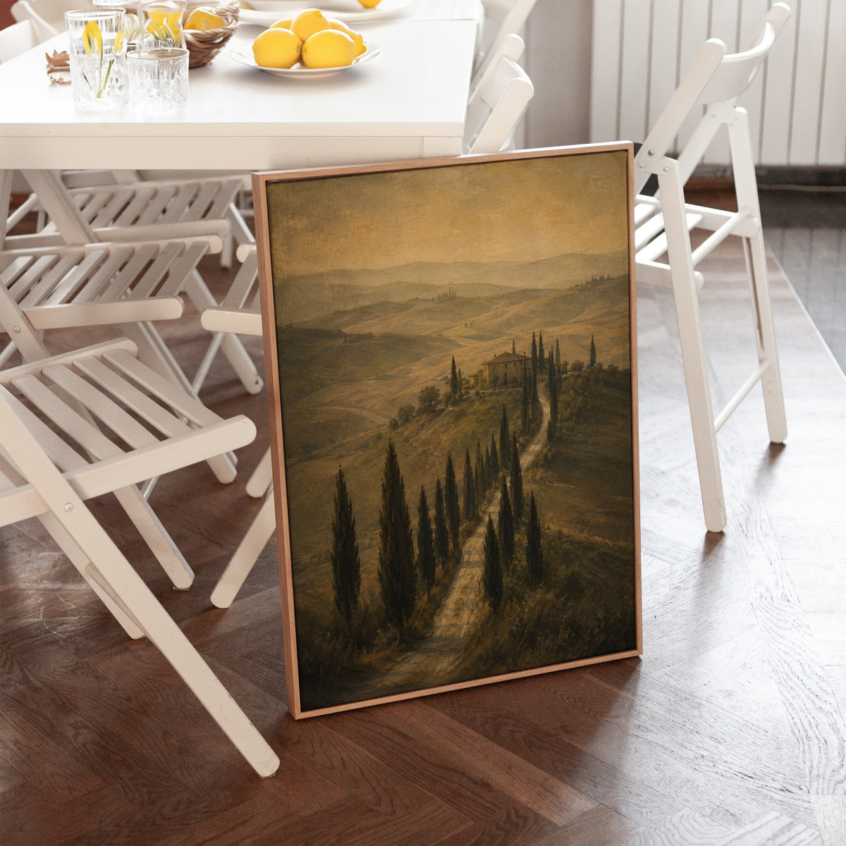 Italy canvas wall art showing cypress avenue climbing to a Tuscan farmhouse in sepia haze
