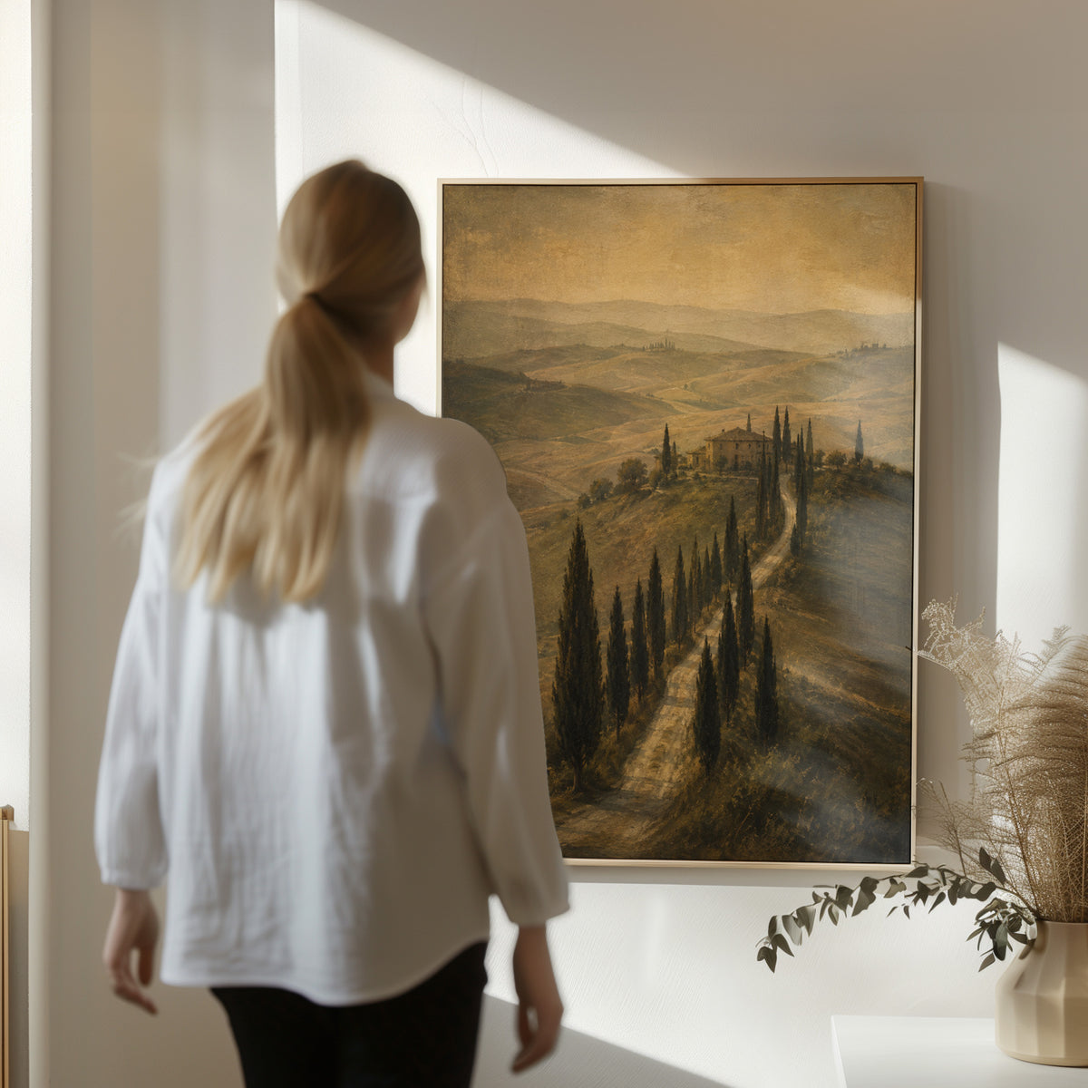 Cypress avenue climbing to a Tuscan farmhouse in sepia haze, canvas art print
