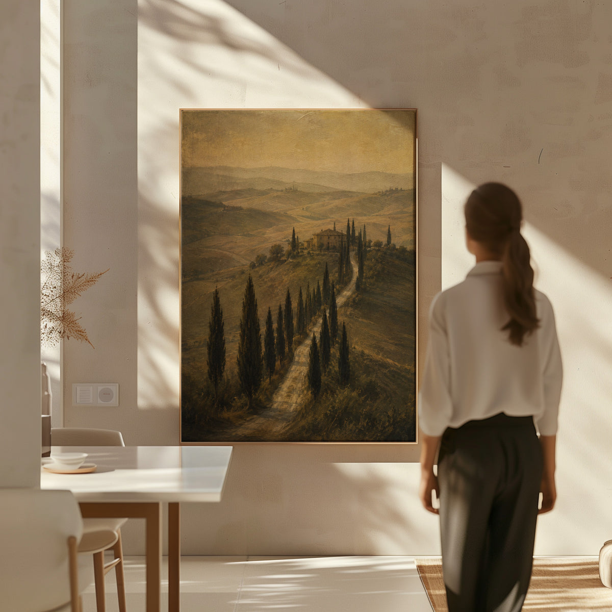 Dark academia canvas wall art showing cypress avenue climbing to a Tuscan farmhouse in sepia haze