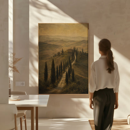 Dark academia canvas wall art showing cypress avenue climbing to a Tuscan farmhouse in sepia haze