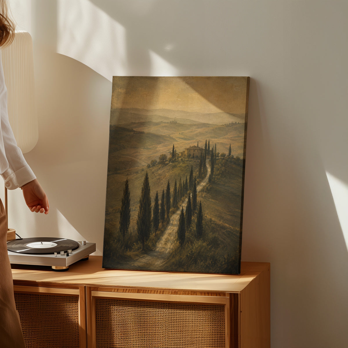 Cypress tree canvas wall art showing cypress avenue climbing to a Tuscan farmhouse in sepia haze