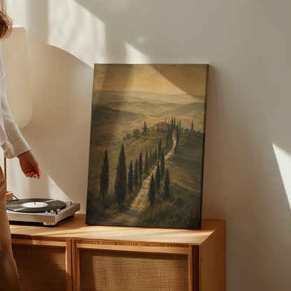 Cypress tree canvas wall art showing cypress avenue climbing to a Tuscan farmhouse in sepia haze