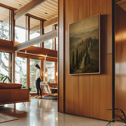 Moody landscape canvas wall art showing cypress avenue climbing to a Tuscan farmhouse in sepia haze