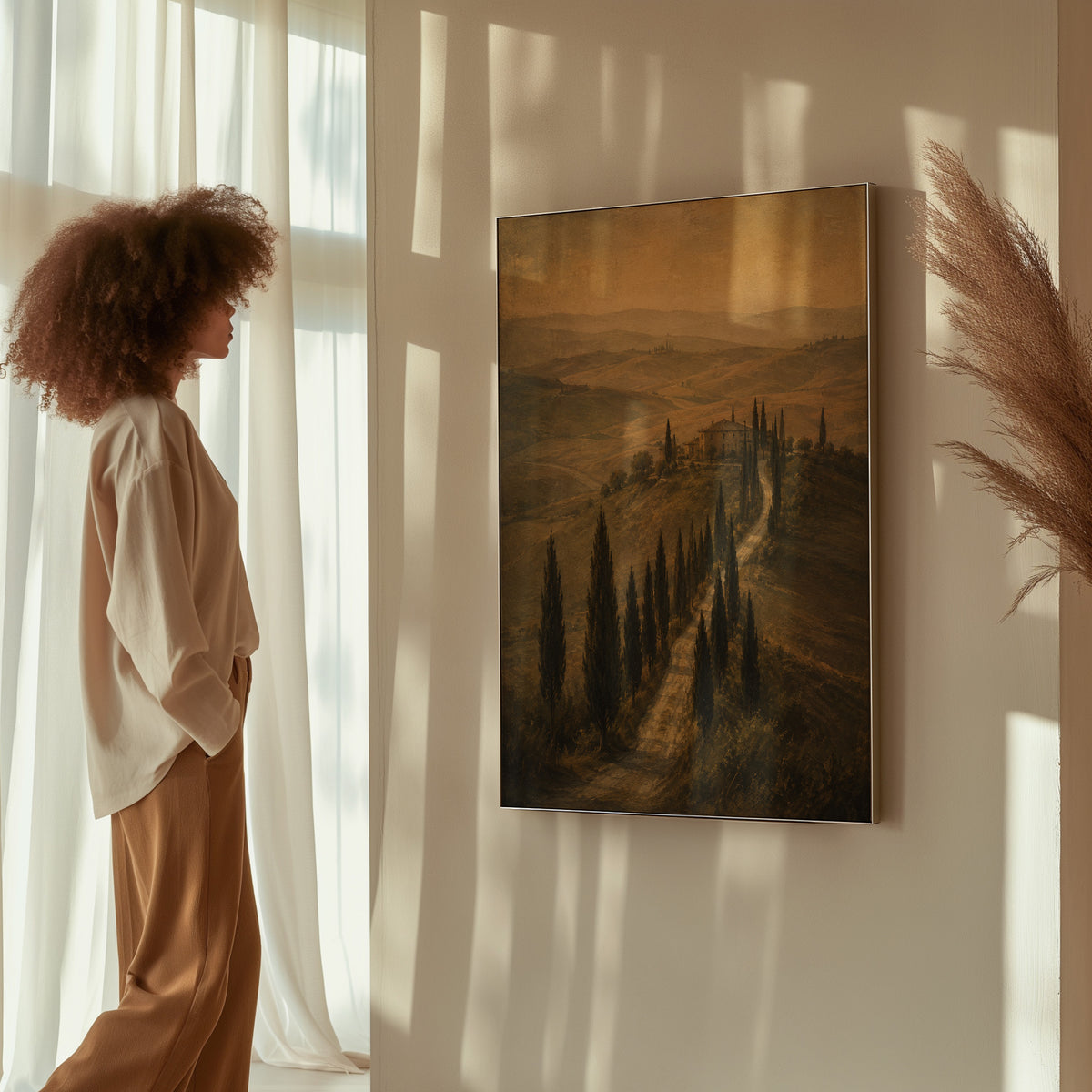 Farmhouse canvas wall art showing cypress avenue climbing to a Tuscan farmhouse in sepia haze