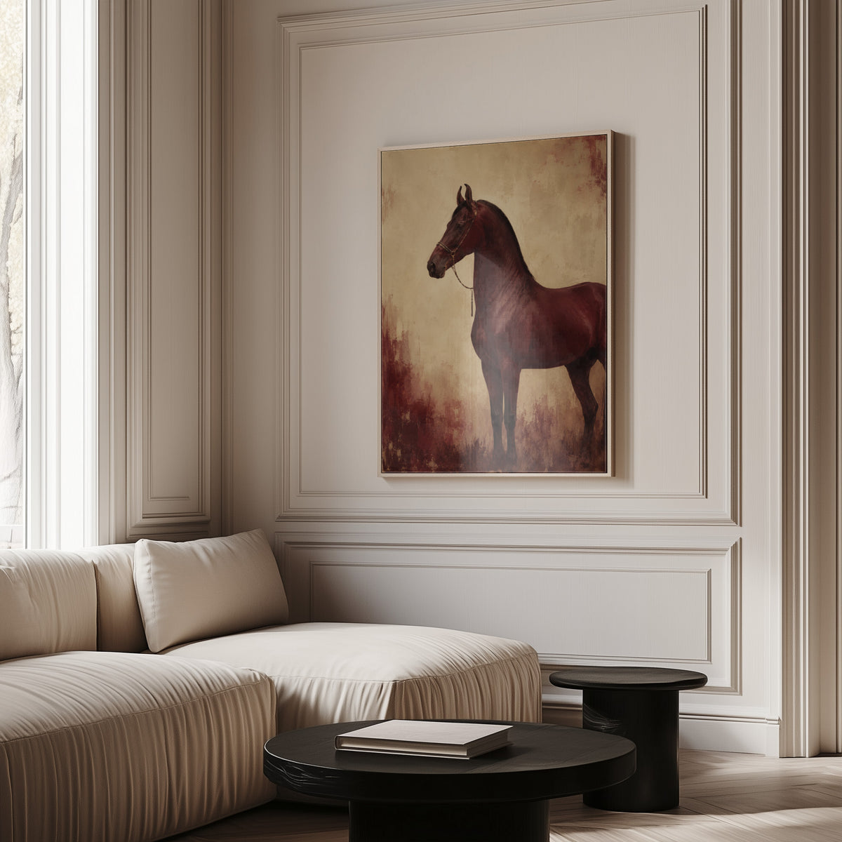 Horses canvas wall art showing chestnut horse standing in profile against a worn oxblood and cream ground