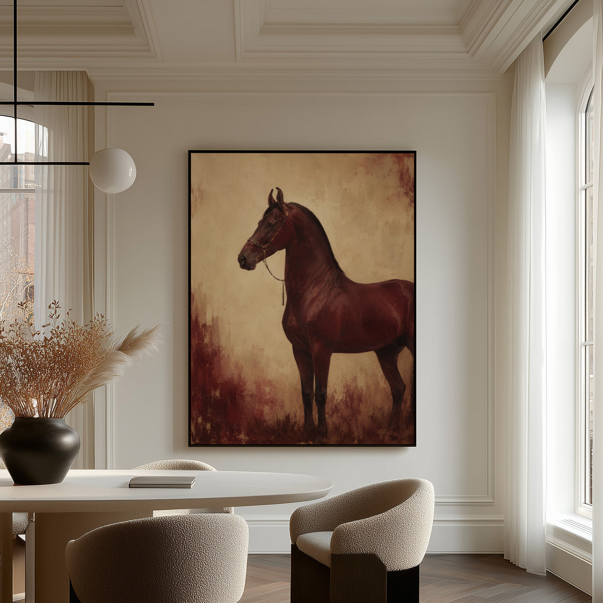 Chestnut horse standing in profile against a worn oxblood and cream ground, canvas print