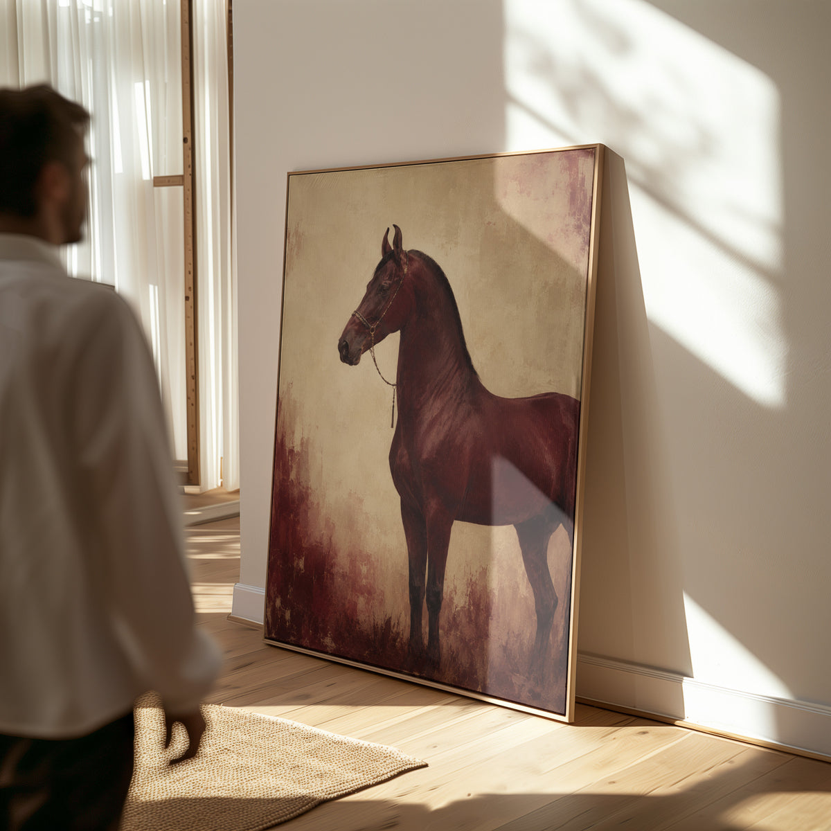 Horse canvas wall art showing chestnut horse standing in profile against a worn oxblood and cream ground