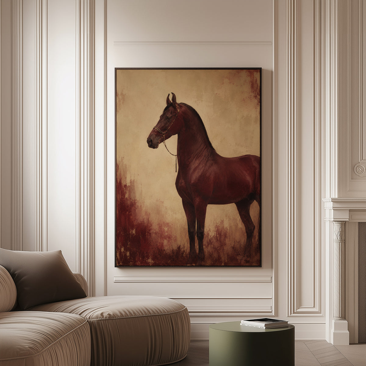 Horse portrait canvas wall art showing chestnut horse standing in profile against a worn oxblood and cream ground