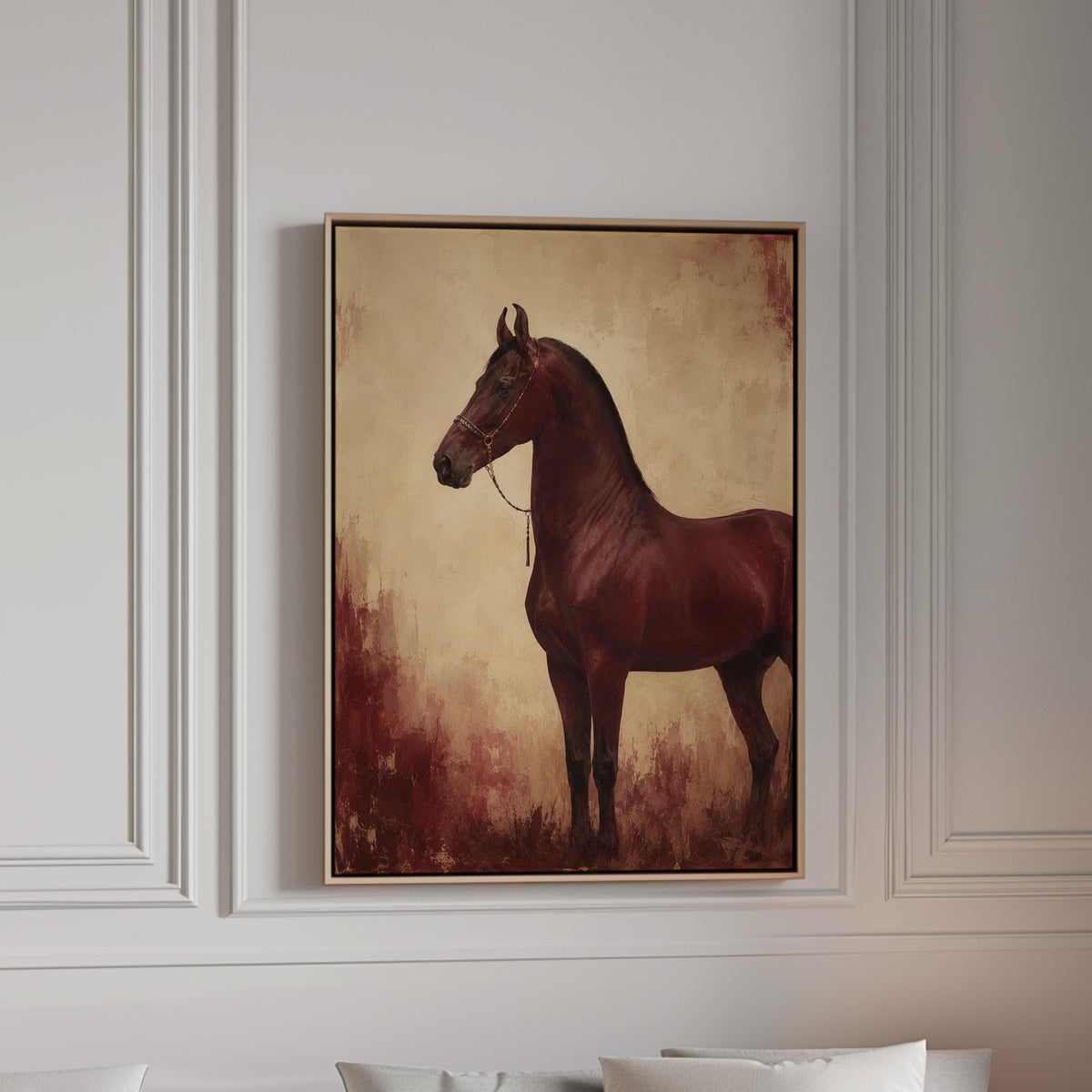 Chestnut horse standing in profile against a worn oxblood and cream ground, canvas wall art