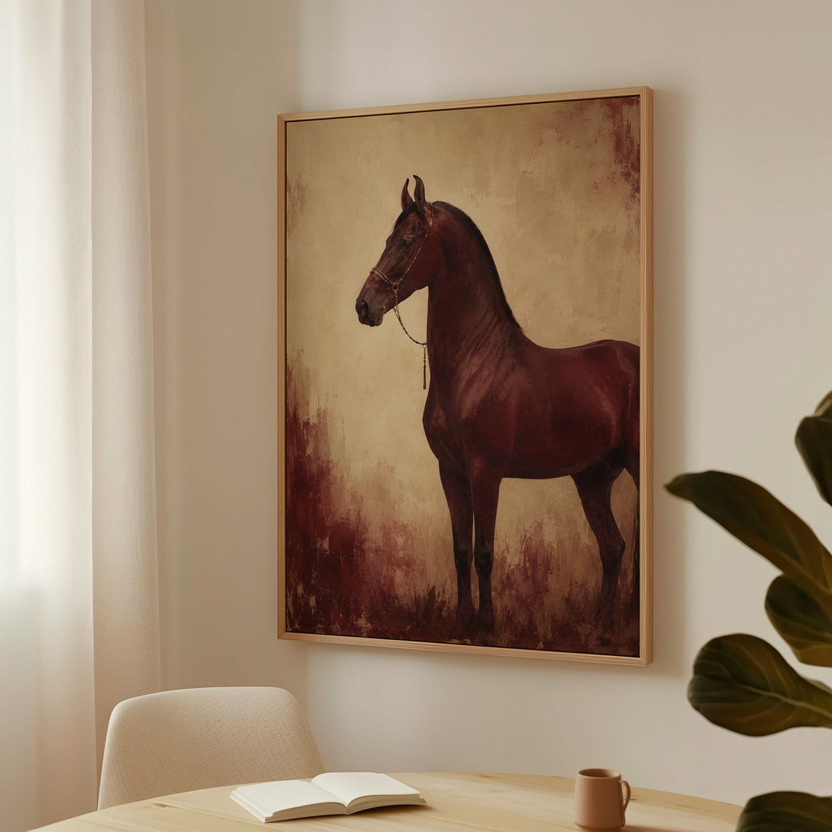 Chestnut horse standing in profile against a worn oxblood and cream ground, horse vertical canvas print