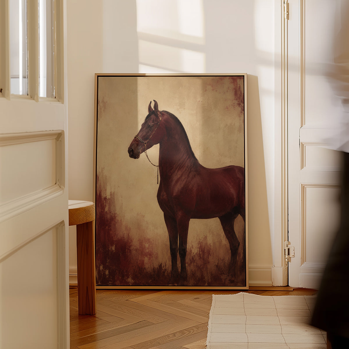 Chestnut horse canvas wall art showing chestnut horse standing in profile against a worn oxblood and cream ground