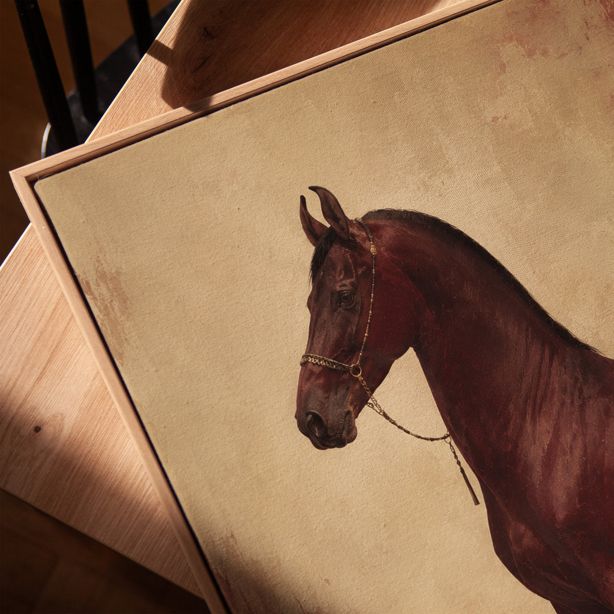 Chestnut horse standing in profile against a worn oxblood and cream ground, vertical canvas print