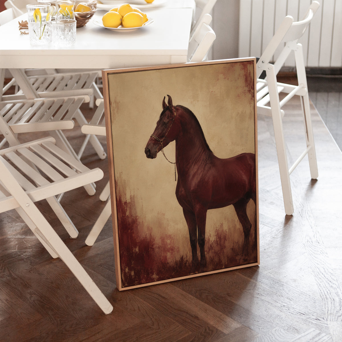 Dark academia canvas wall art showing chestnut horse standing in profile against a worn oxblood and cream ground
