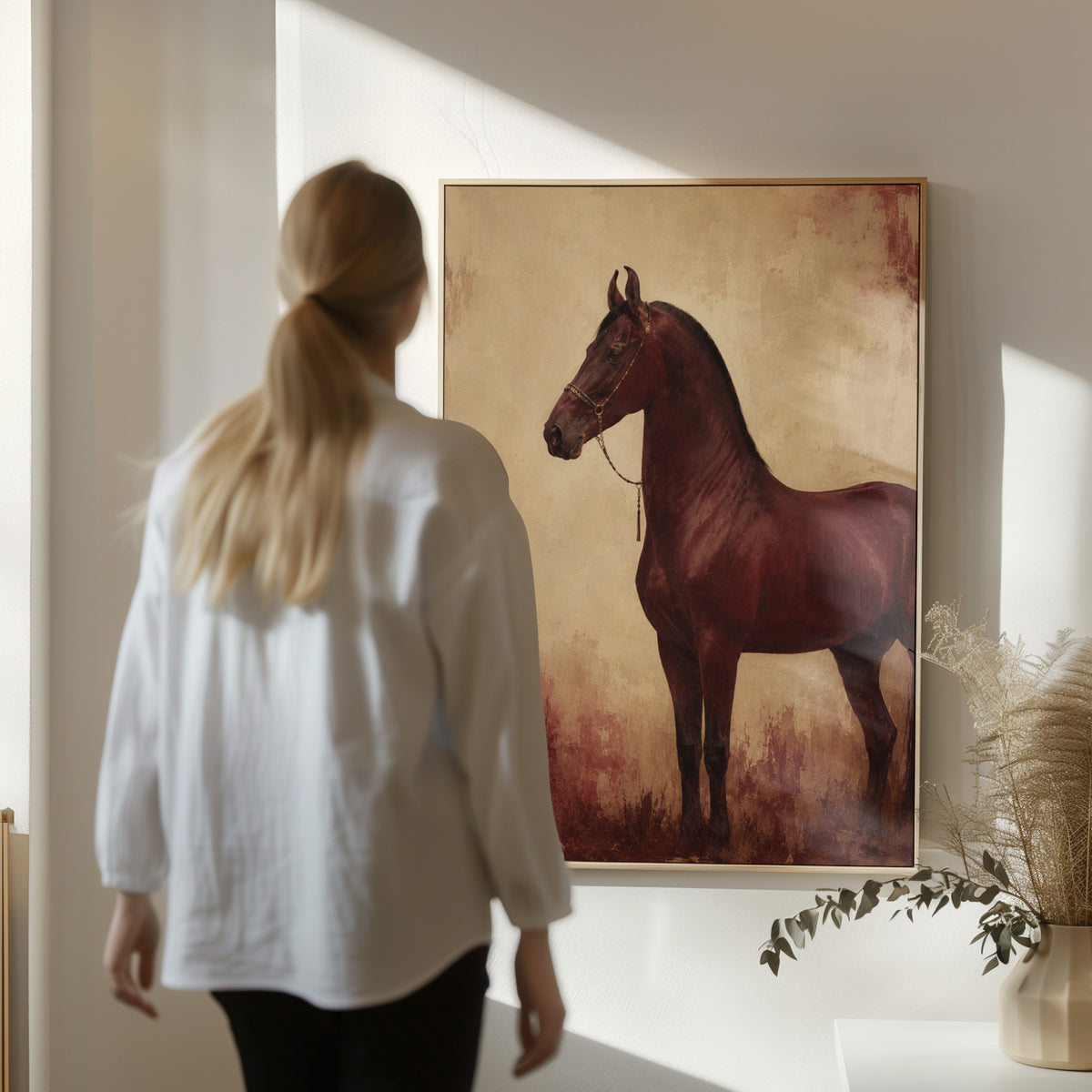 Chestnut horse standing in profile against a worn oxblood and cream ground, wall art print