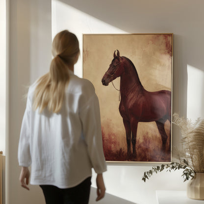 Chestnut horse standing in profile against a worn oxblood and cream ground, wall art print