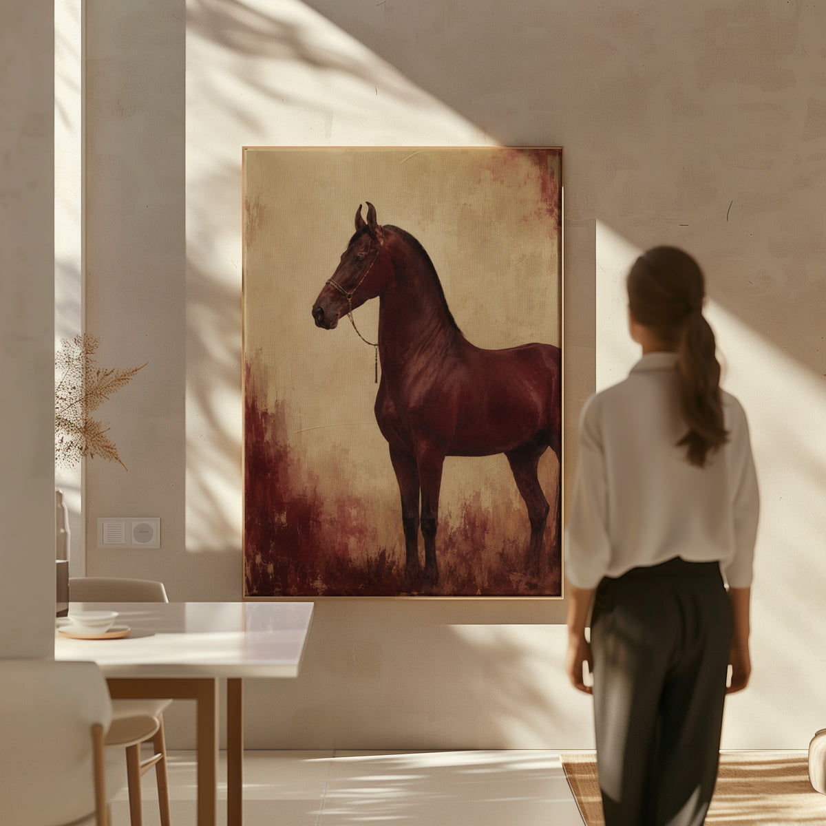 Equestrian canvas wall art showing chestnut horse standing in profile against a worn oxblood and cream ground