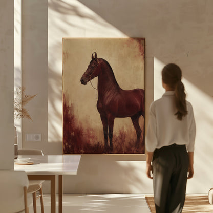 Equestrian canvas wall art showing chestnut horse standing in profile against a worn oxblood and cream ground