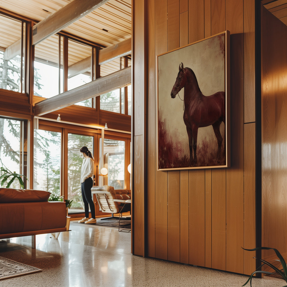 Antique style canvas wall art showing chestnut horse standing in profile against a worn oxblood and cream ground