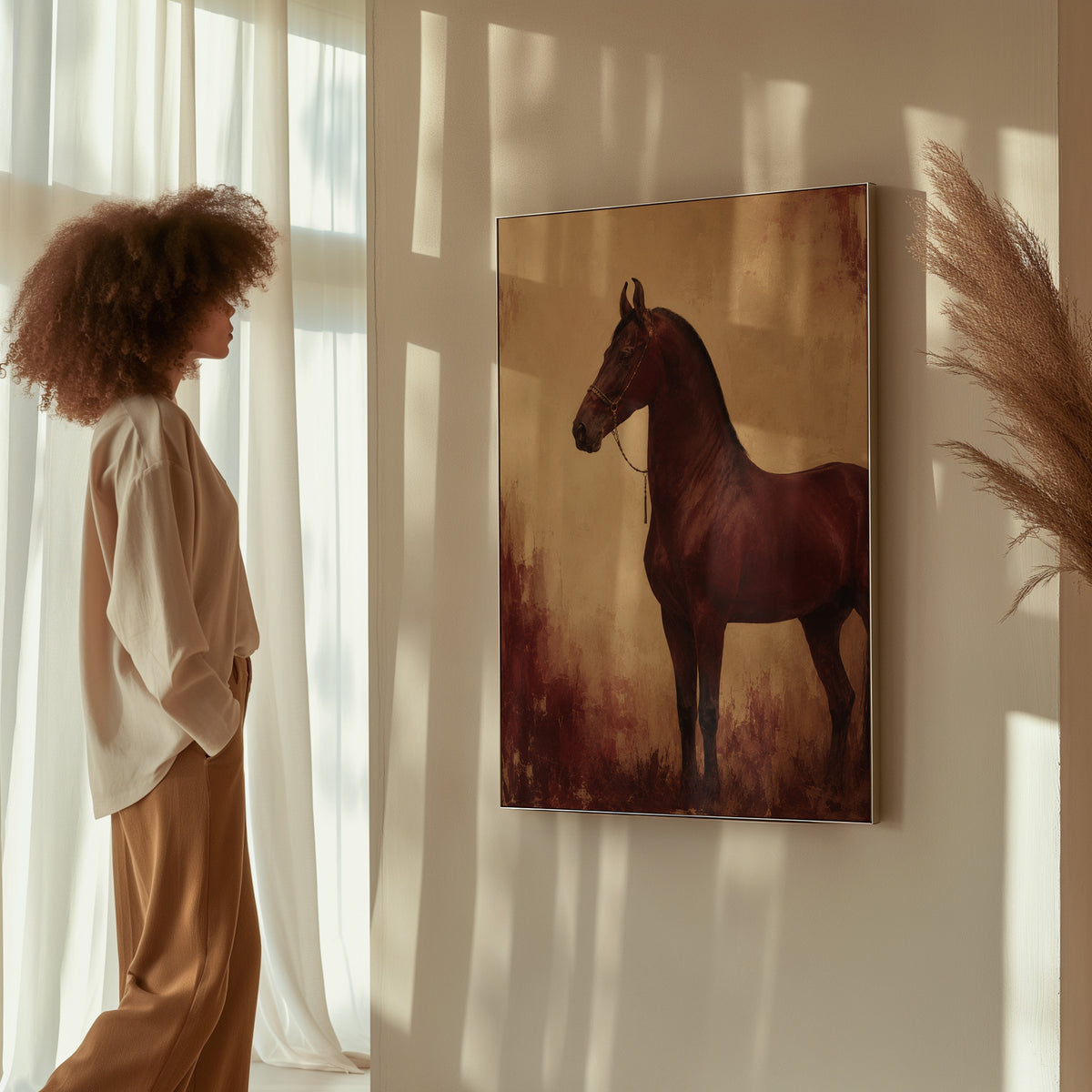 Vintage horse canvas wall art showing chestnut horse standing in profile against a worn oxblood and cream ground