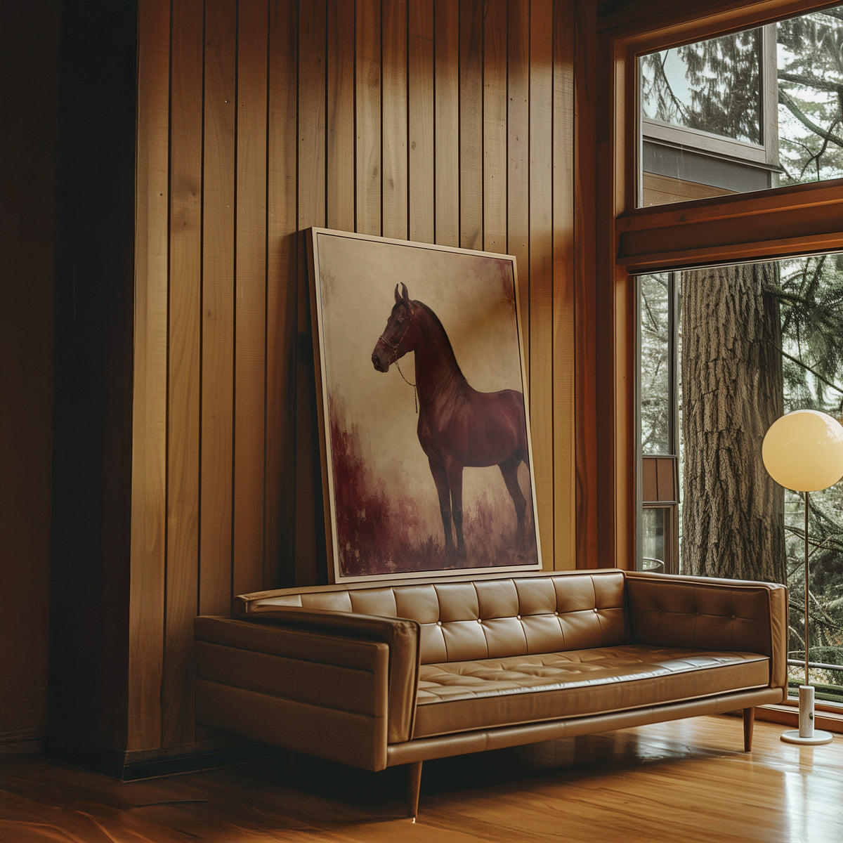 Chestnut horse standing in profile against a worn oxblood and cream ground, canvas art print