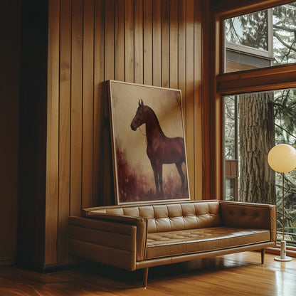 Chestnut horse standing in profile against a worn oxblood and cream ground, canvas art print