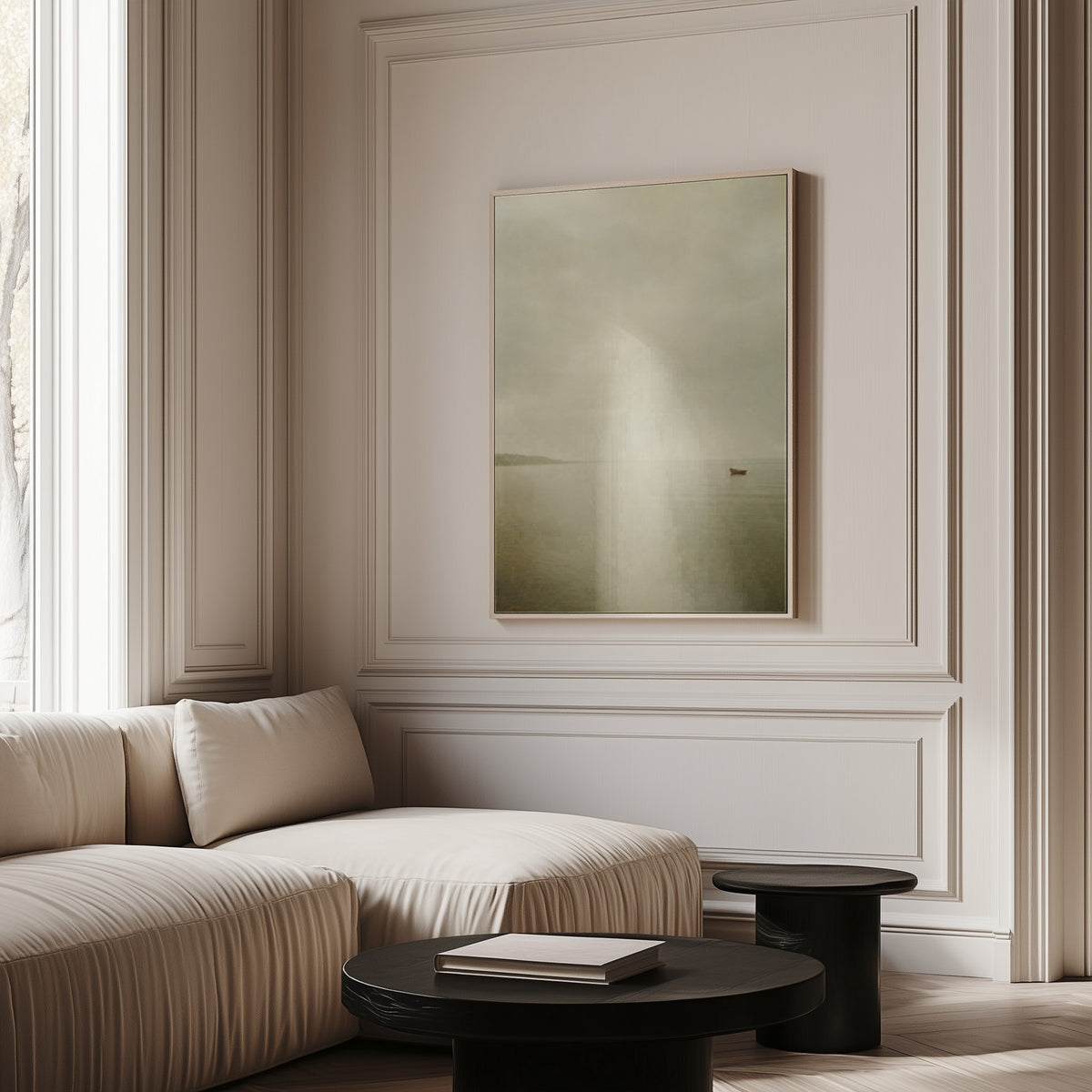 Calm ocean canvas wall art showing a single small boat on flat pale water with a distant headland in mist