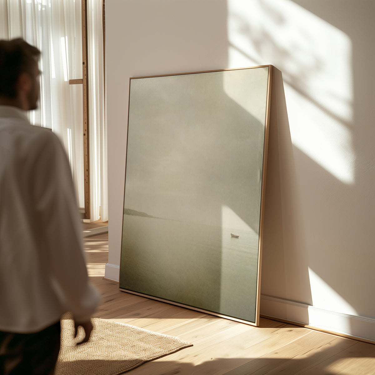 Minimalist seascape canvas wall art showing a single small boat on flat pale water with a distant headland in mist