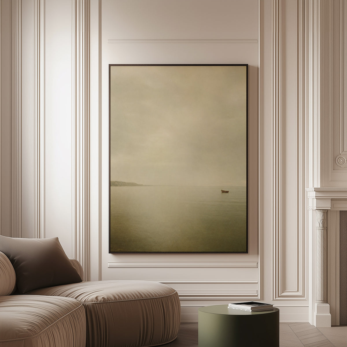 Neutral canvas wall art showing a single small boat on flat pale water with a distant headland in mist