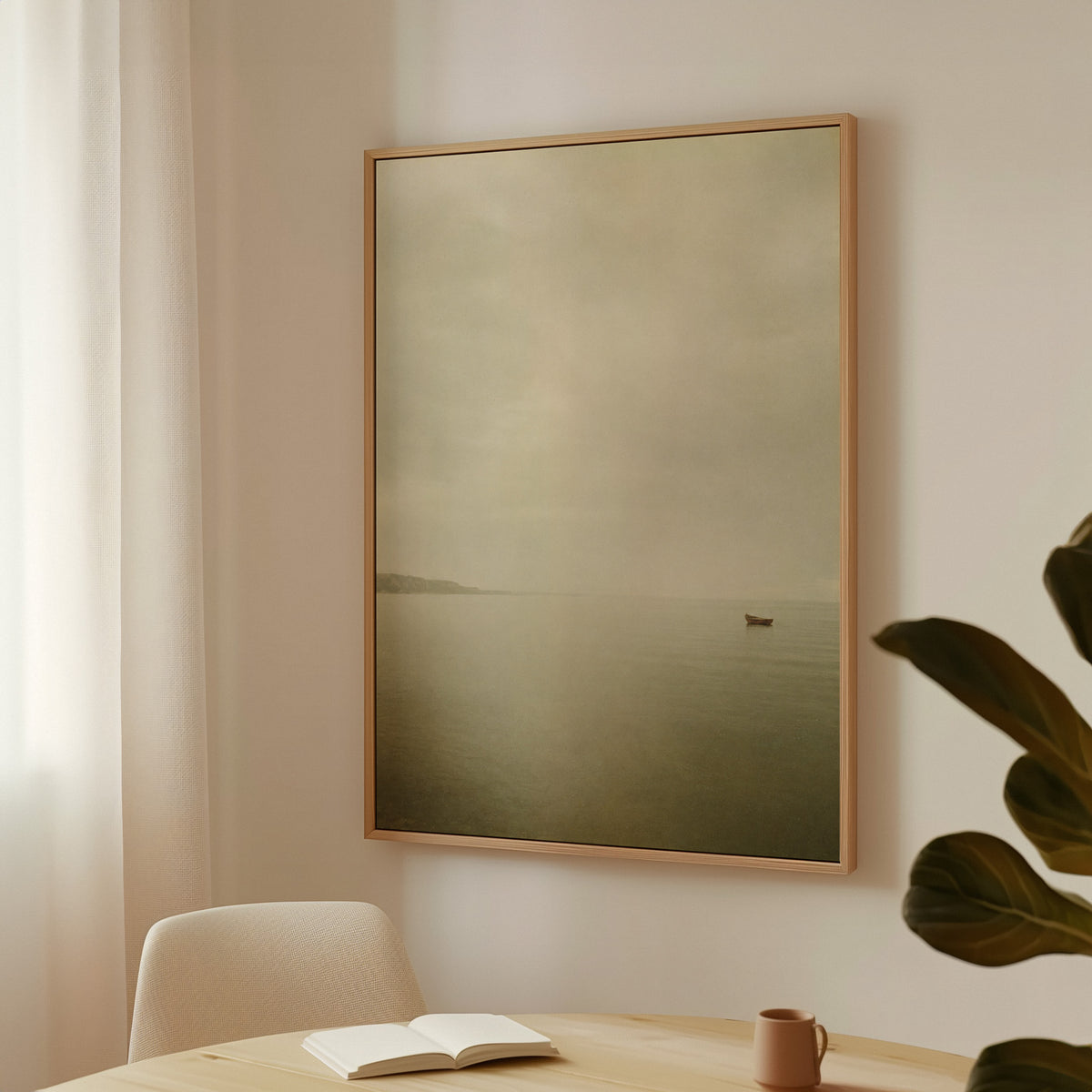 Sepia canvas wall art showing a single small boat on flat pale water with a distant headland in mist