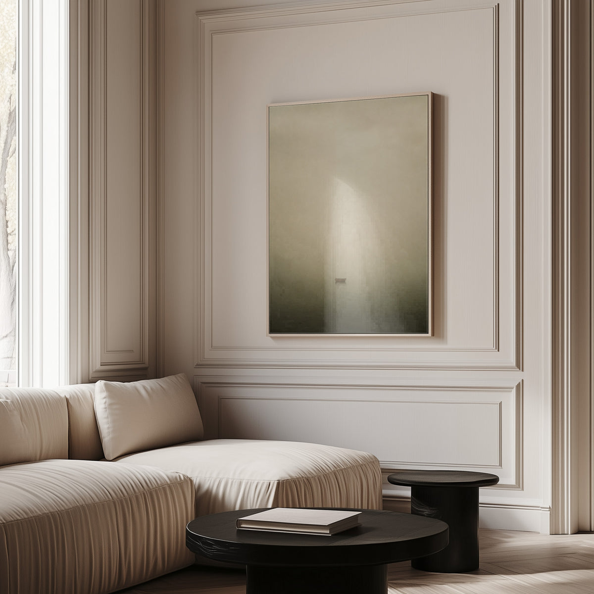 Boat in fog canvas wall art showing one wooden boat floating alone in thick fog above still water
