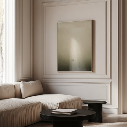 Boat in fog canvas wall art showing one wooden boat floating alone in thick fog above still water