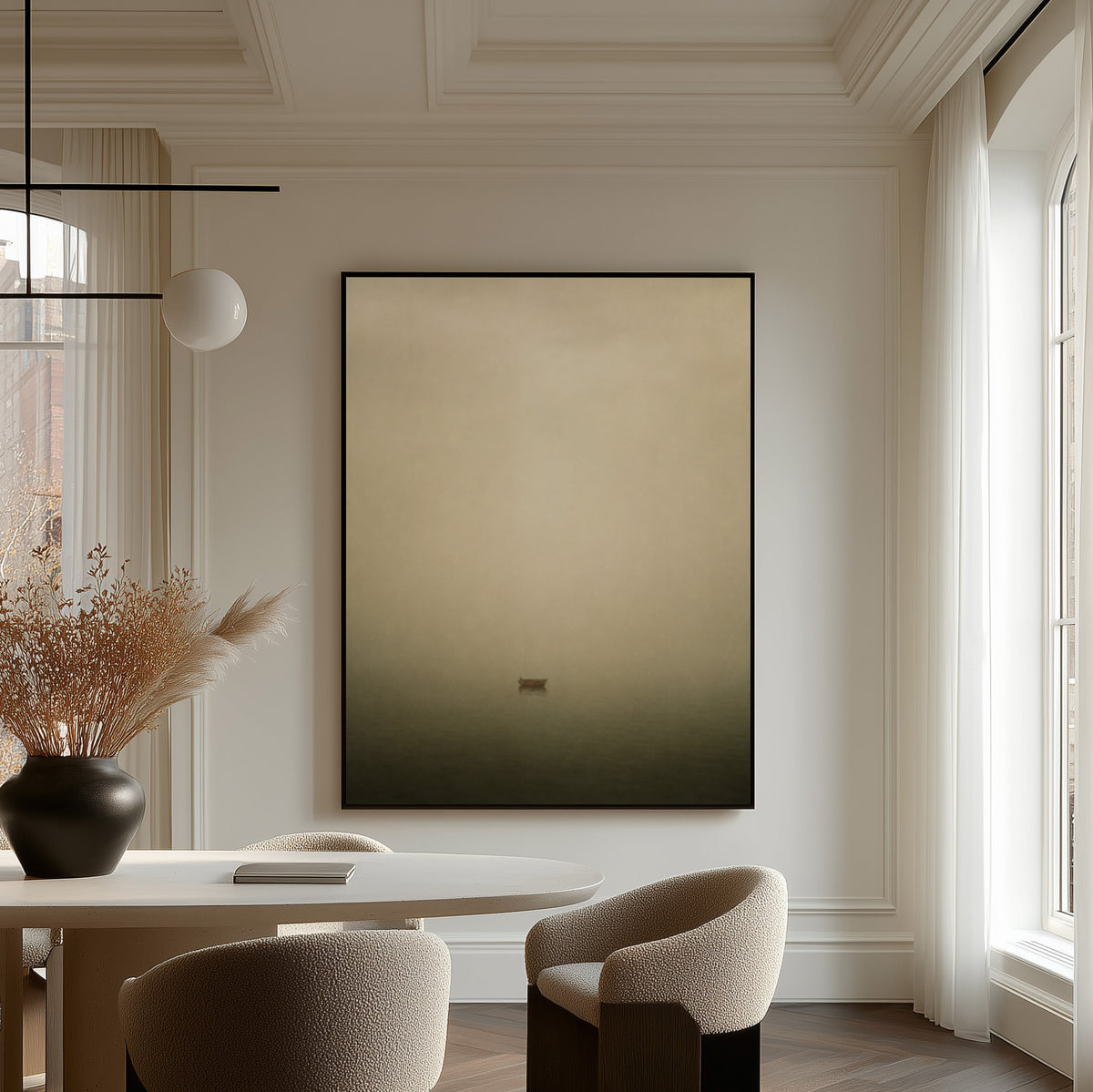 Minimalist canvas wall art showing one wooden boat floating alone in thick fog above still water