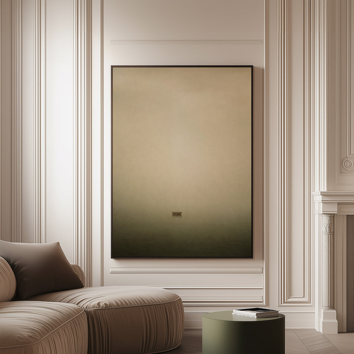 Foggy sea canvas wall art showing one wooden boat floating alone in thick fog above still water